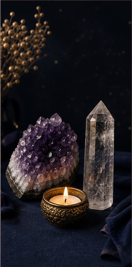 Meditation candle and crystals