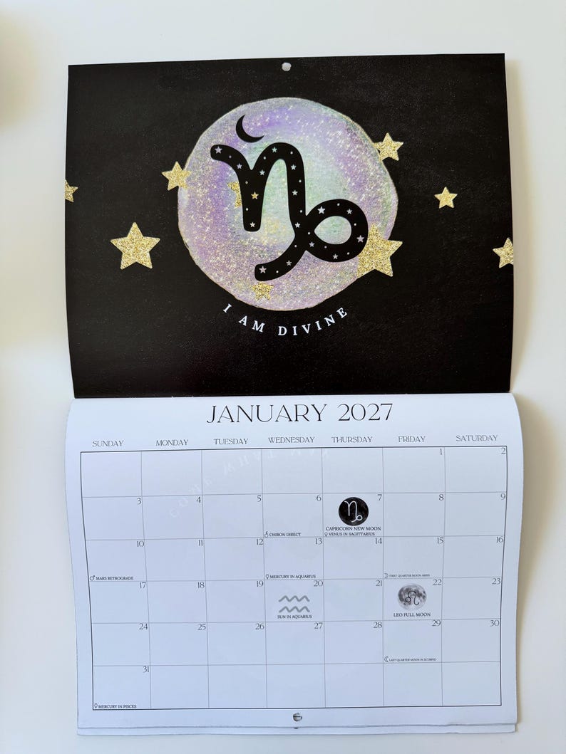 Moon Calendar 2027 wall calendar showing the January Capricorn artwork and monthly grid